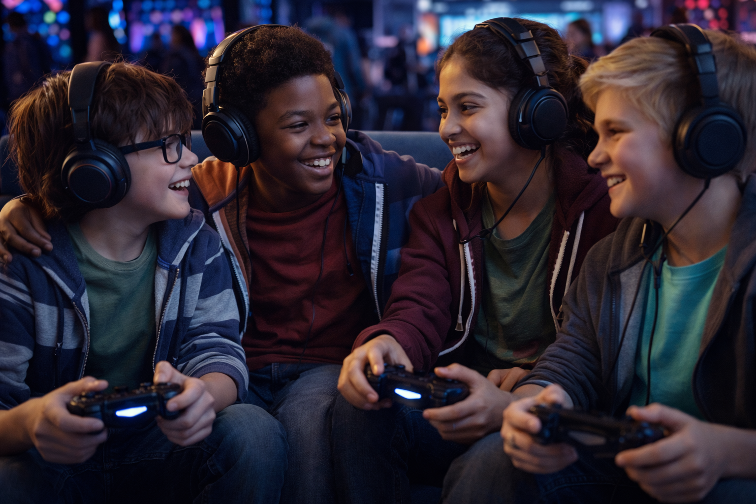 Group of kids playing together at a gaming tournament