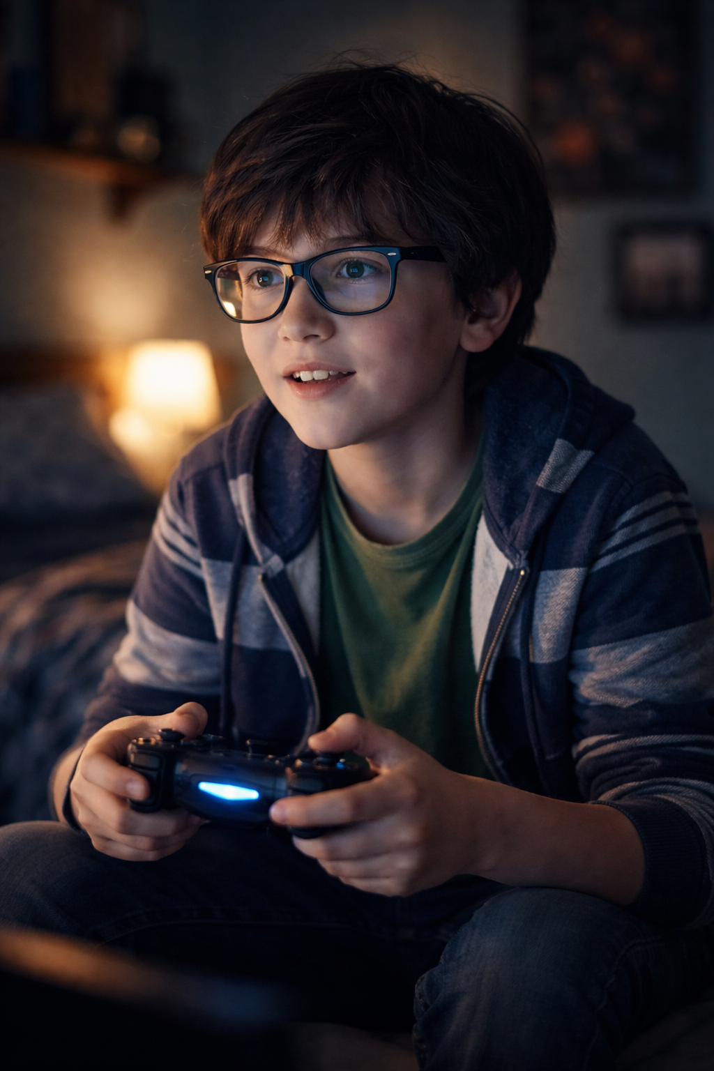 Middle school student playing a video game at home